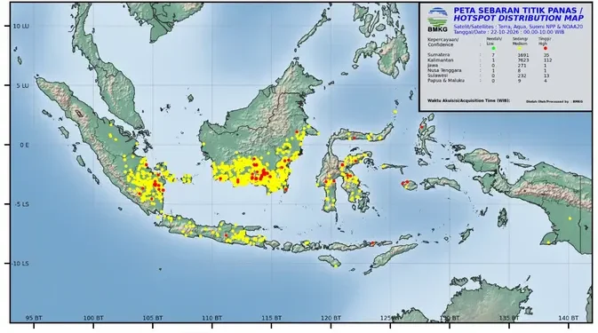 Sebaran Titik Api Kebakaran Hutan dan Lahan di 6 Provinsi Hari Ini